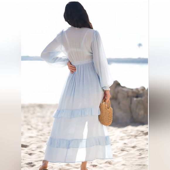 B4 NWT Main Strip Ling Sleeve Open Front Ruffled Tiered Kimono Blue Sm Md Lg - Picture 2 of 12